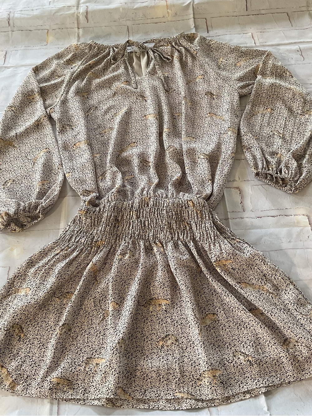 Harper Wren Beige and Black Speckled Tie-Neck Blouse